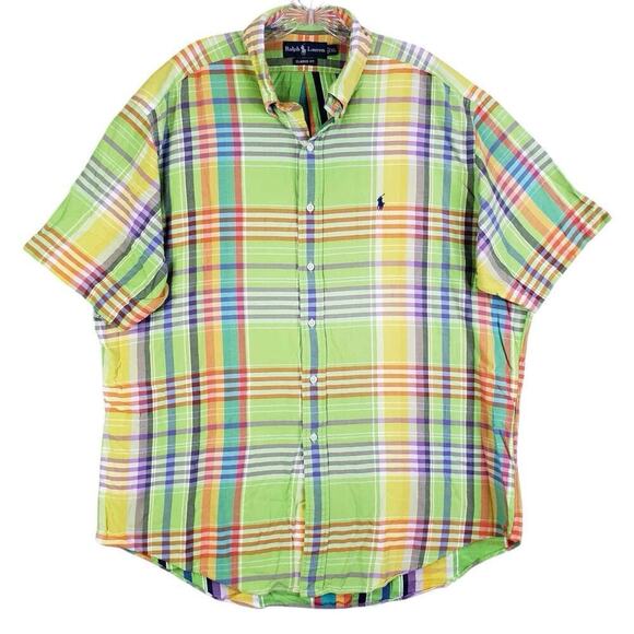 Polo Ralph Lauren Shirt Oxford Button Down SS Mens Size XL Green Plaid - Picture 2 of 8